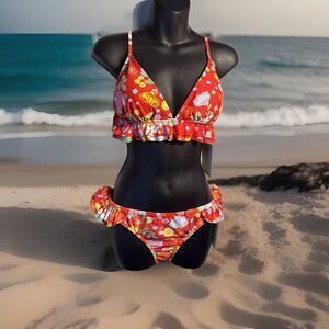 Bikini Red Floral Ruffle Sz XL California Sunshine